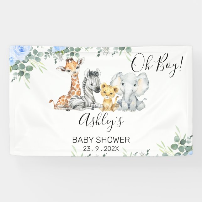 Blue Floral Eucalyptus Safari Baby Dusche Banner (Horizontal)