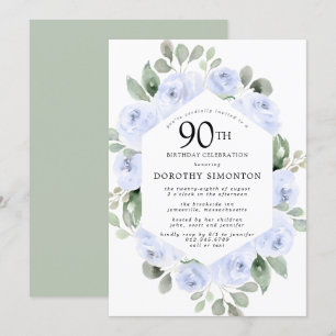 Blue Floral Eukalyptus 90. Geburtstagsparty Einladung