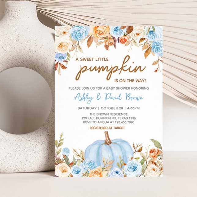 Blue Floral Fall Pumpkin Baby Dusche Einladung (Blue Floral Pumpkin Baby Shower Invitation)