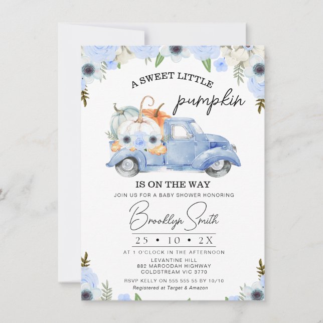 Blue Floral Fall Pumpkin Truck Baby Dusche Einladung (Vorderseite)