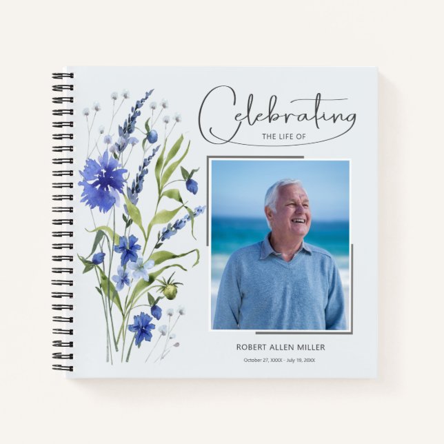 Blue Floral Feier Life Beuneral Gästebuch Notizbuch (Vorderseite)