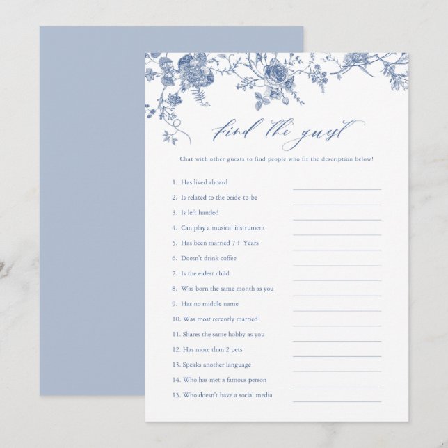 Blue Floral Finden Sie die Game Card des Brautpart Einladung (Vorne/Hinten)