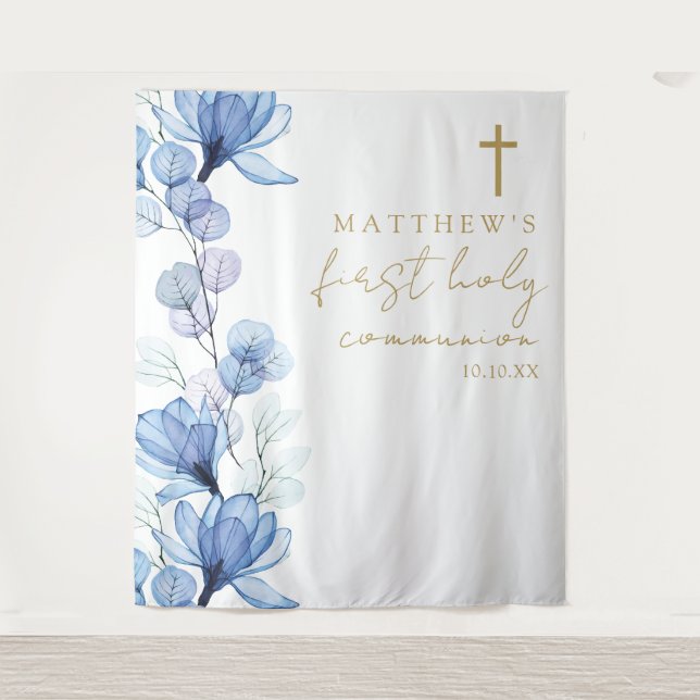 Blue Floral First Heilige Kommunion Foto Hintergru Wandteppich (Vorderseite)
