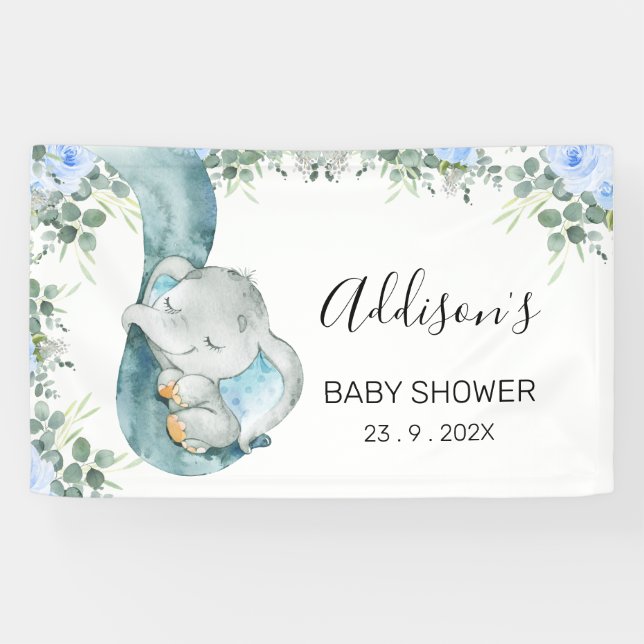 Blue Floral Foliage Elephant Baby Dusche Banner (Horizontal)