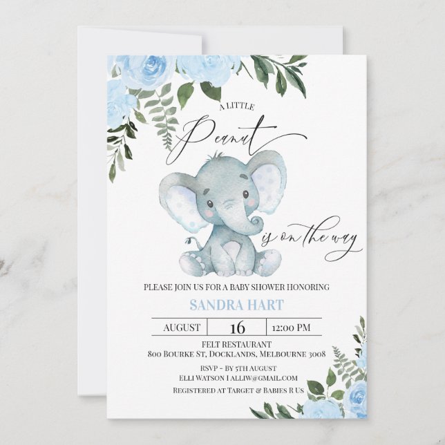 Blue Floral Foliage Elephant Peanut Baby Dusche Einladung (Vorderseite)
