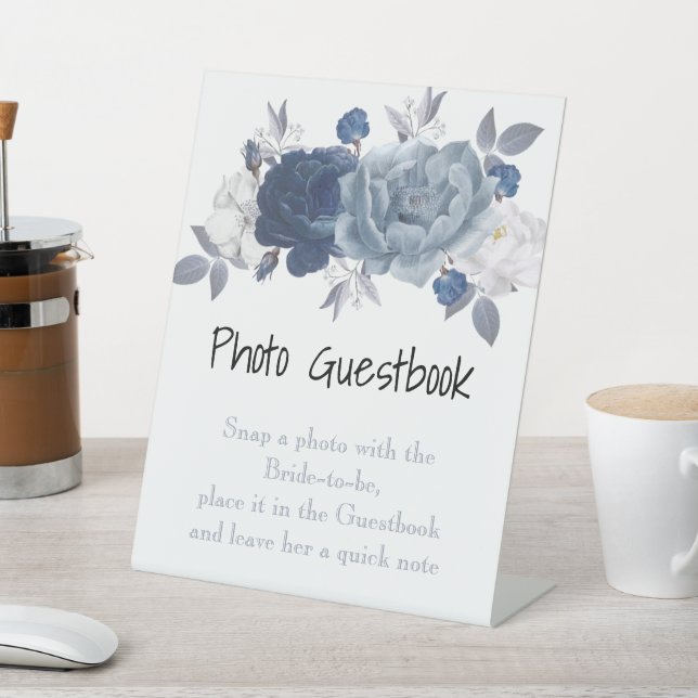 Blue Floral Foto Guest Book Sign Editierbar Sockelschild (In SItu)