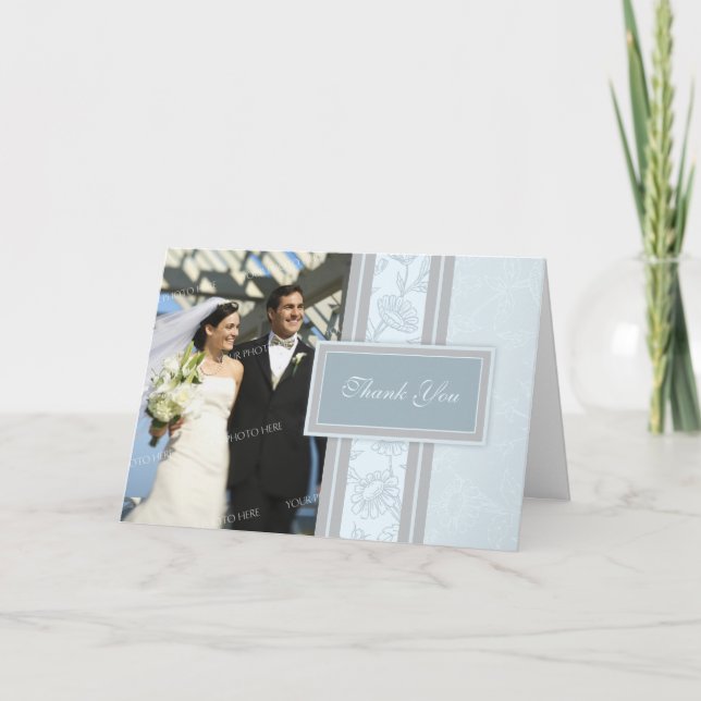 Blue Floral Foto Hochzeit Danke Karte (Vorderseite)
