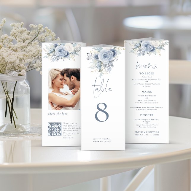 Blue Floral Foto QR Trifold Wedding Menu Table No (Insitu of how it will look once folded)