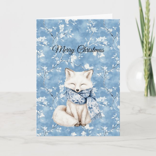 Blue Floral Fox Christmas Karte (Vorderseite)