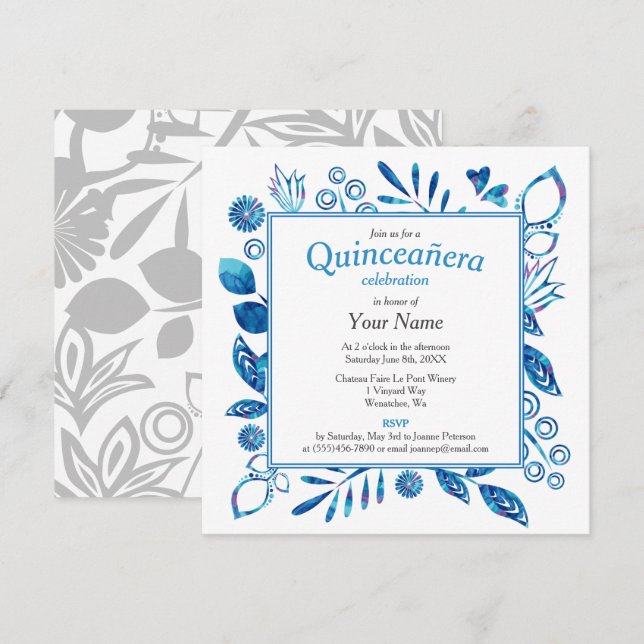 Blue Floral Frame Quinceñera Square Einladung (Vorne/Hinten)