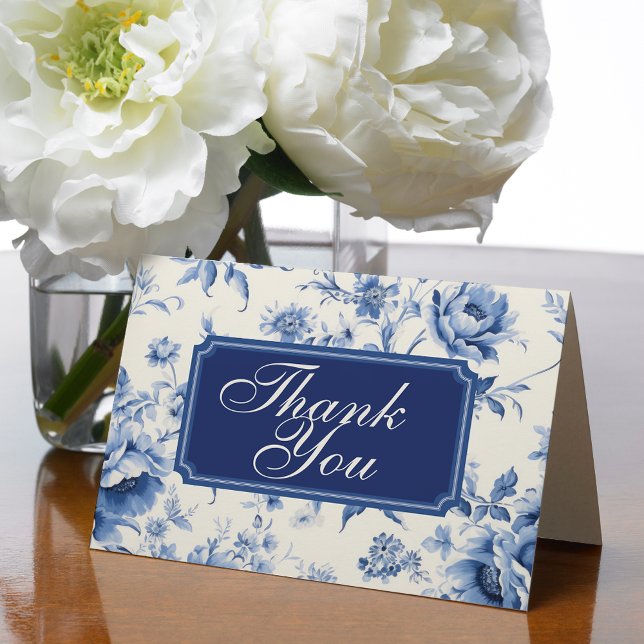 Blue Floral French Toile Chinoiserie Blank Dankeskarte (something blue blank thank you cards)