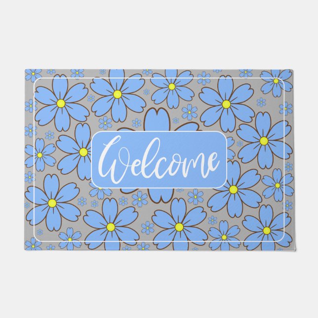Blue Floral Front Door Begrüßungsmatte Fußmatte (Vorderseite)
