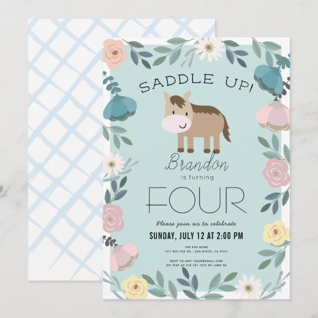 Blue Floral Garden Horse Boy Birthday Einladung (Vorne/Hinten)