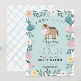 Blue Floral Garden Horse Boy Birthday Einladung