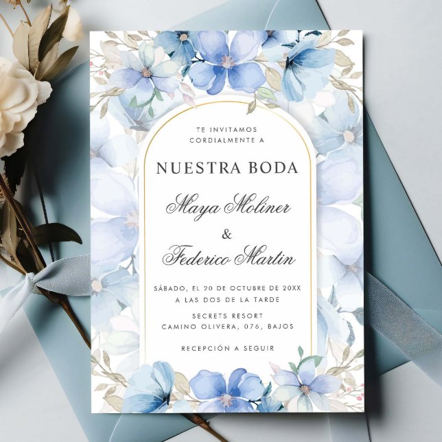 Blue Floral Garden Nuestra Boda Spanish Wedding Einladung (Von Creator hochgeladen)