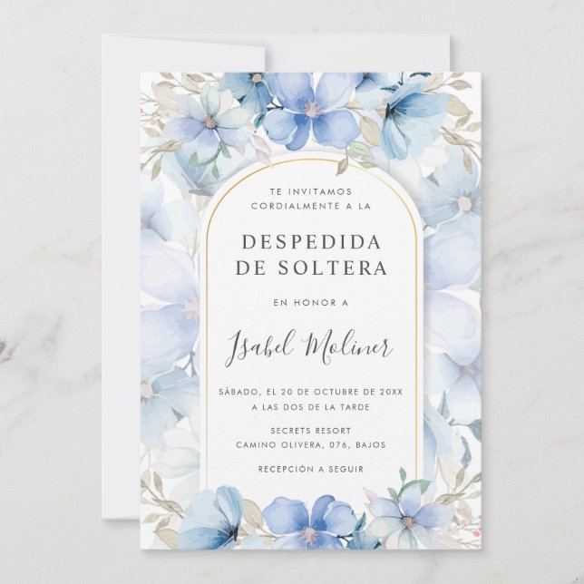 Blue Floral Garden Spanisches Brautparty Einladung (Vorderseite)