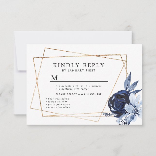 Blue Floral Geometric Response Card RSVP Karte (Vorderseite)