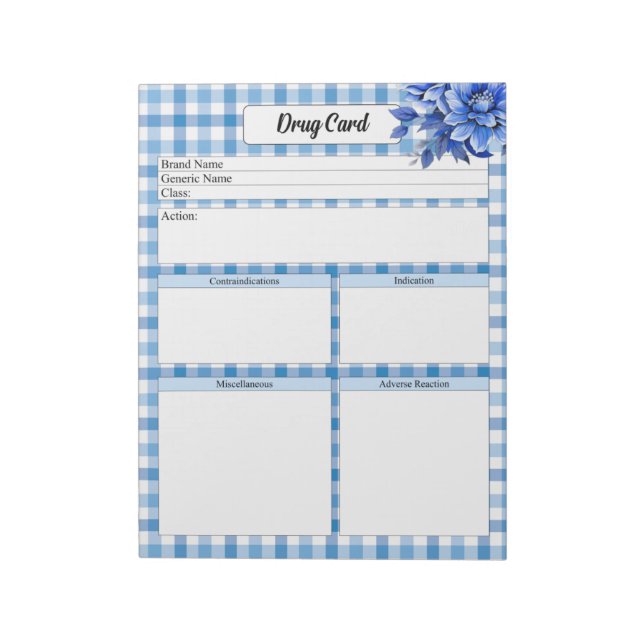Blue Floral Gingham _Drug Card Notizblock (Rotiert)