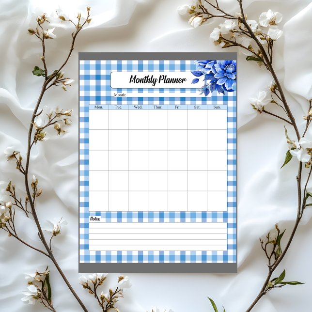 Blue Floral Gingham _ Monatlicher Planet Notizblock (Von Creator hochgeladen)