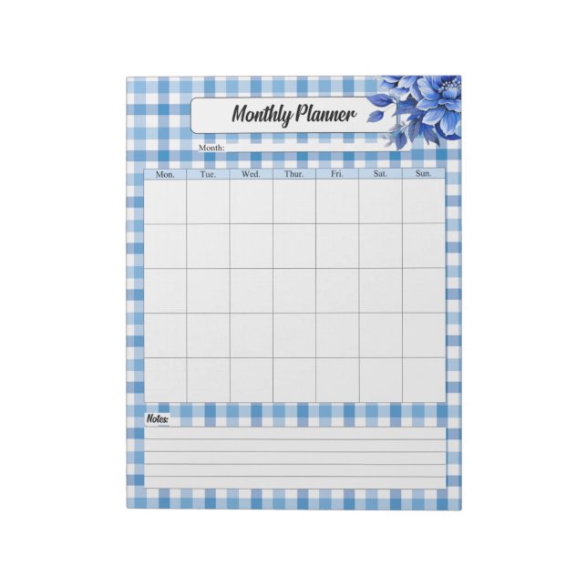 Blue Floral Gingham _ Monatlicher Planet Notizblock (Rotiert)