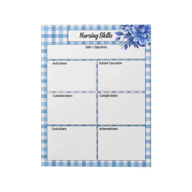 Blue Floral Gingham_ Pflegefähigkeiten Notizblock (Rotiert)