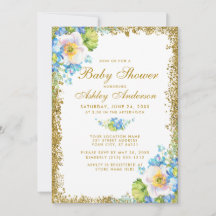 Blue Floral Gold Baby Dusche Glitzer Einladung
