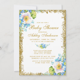 Blue Floral Gold Baby Dusche Glitzer Einladung