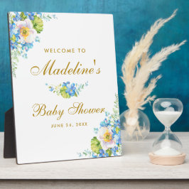 Blue Floral Gold Baby Dusche Willkommen Fotoplatte