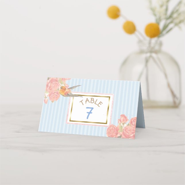 Blue Floral Gold Bird Hochzeitsfeier Tischnummer Platzkarte (Vorderseite)