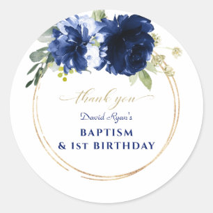 Blue Floral Gold Boy 1. Geburtstag Taufe Runder Aufkleber