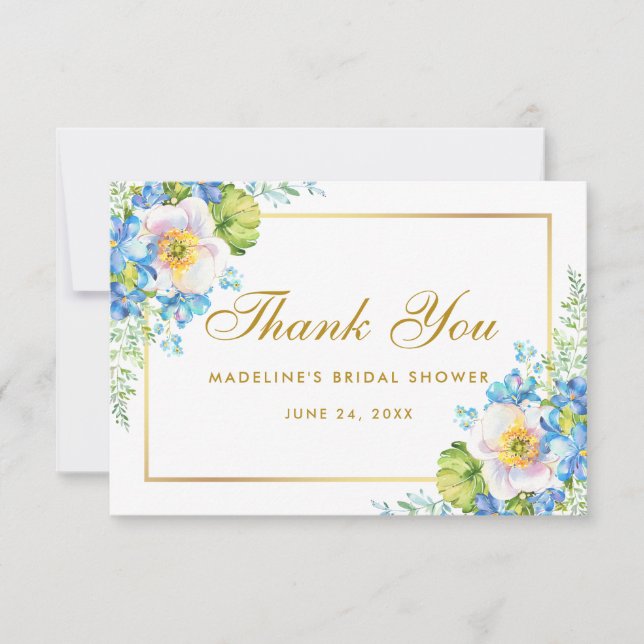 Blue Floral Gold Brautparty Vielen Dank G Einladung (Vorderseite)
