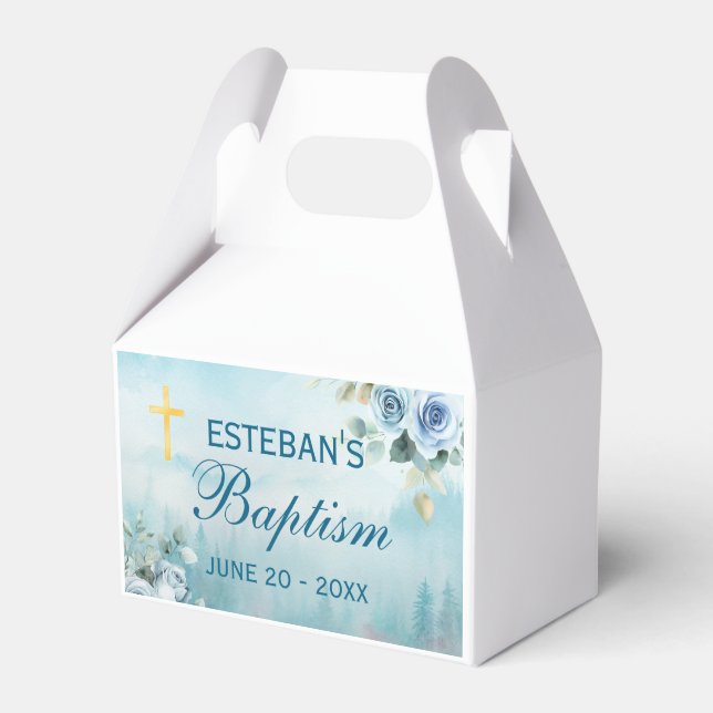 Blue Floral Gold Cross Christening Box Geschenkschachtel (Vorderseite)