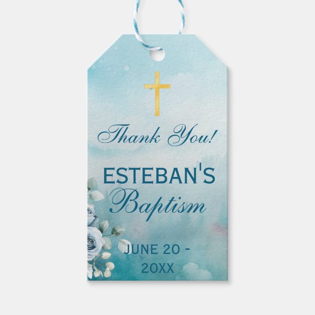 Blue Floral Gold Cross Geschenkanhänger (Vorderseite)