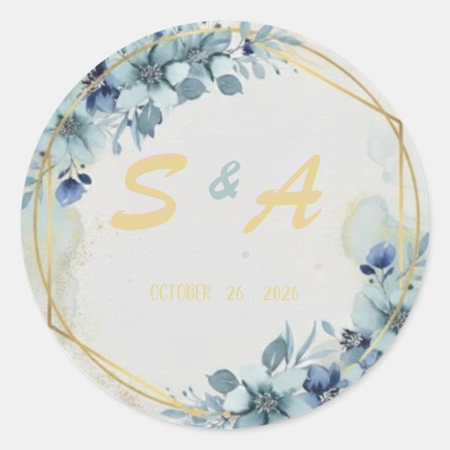 Blue Floral Gold Elegant Wedding Favor Runder Aufkleber (Vorderseite)