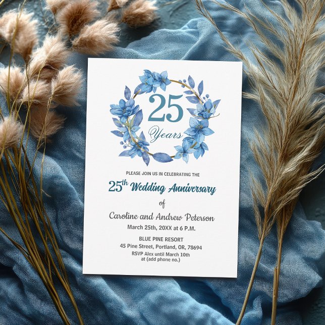  Blue Floral Gold Frame 25th Wedding Anniversary  Einladung (Von Creator hochgeladen)