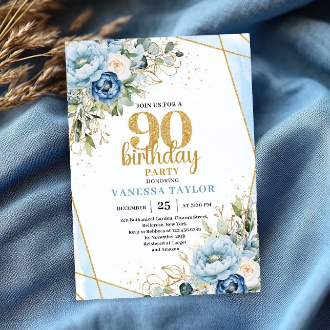 Blue Floral Gold Frame Elegant 90th Birthday  Einladung (Blue Floral Gold Frame Elegant 90th Birthday Invite)