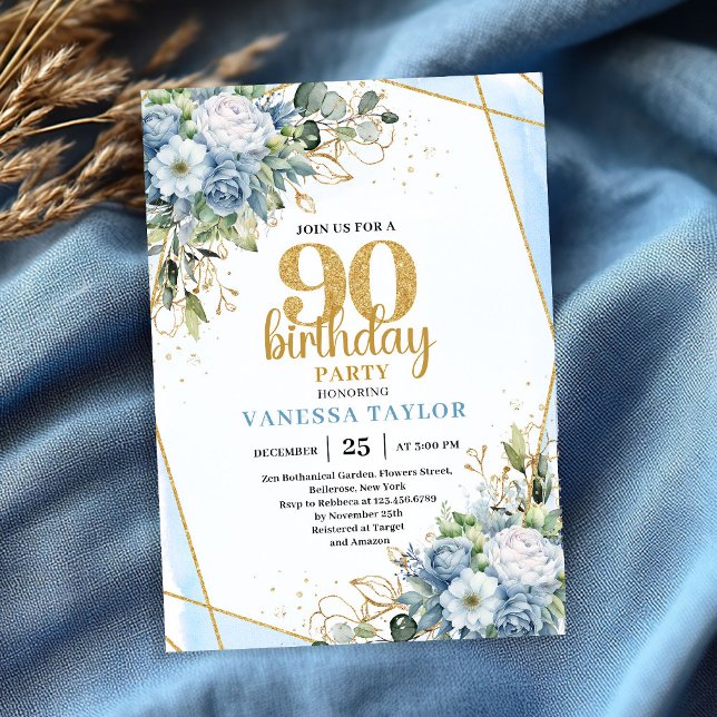Blue Floral Gold Glitter 90th Birthday Celebration Einladung (Blue Floral Gold Glitter 90th Birthday Celebration Invitation

)