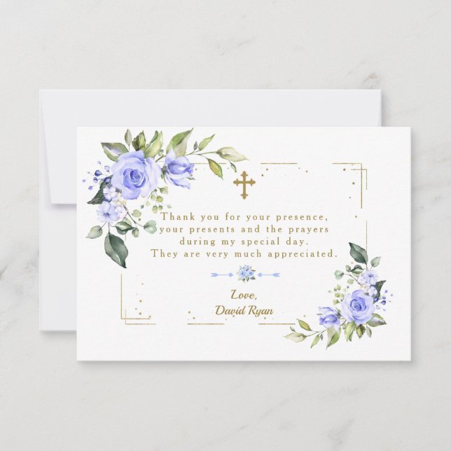 Blue Floral Gold Glitzer Frame Cross Boy Taufe Dankeskarte (Vorderseite)