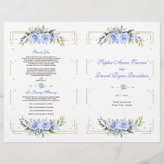 Blue Floral Gold Glitzer Frame Wedding Program Flyer