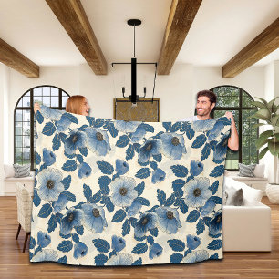 Blue Floral Gold Glitzer Japanisch Ukiyo-e Fleecedecke