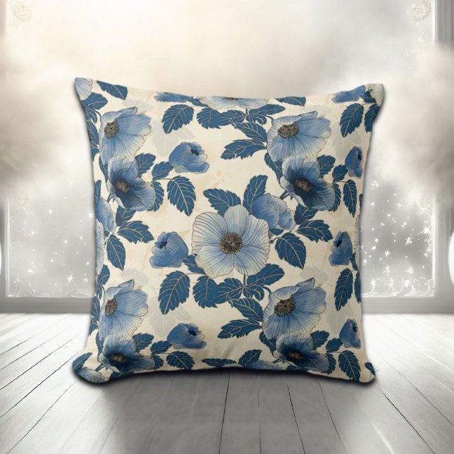 Blue Floral Gold Glitzer Japanisch Ukiyo-e Kissen (Von Creator hochgeladen)