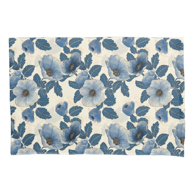 Blue Floral Gold Glitzer Japanisch Ukiyo-e Kissenbezug (Vorderseite)