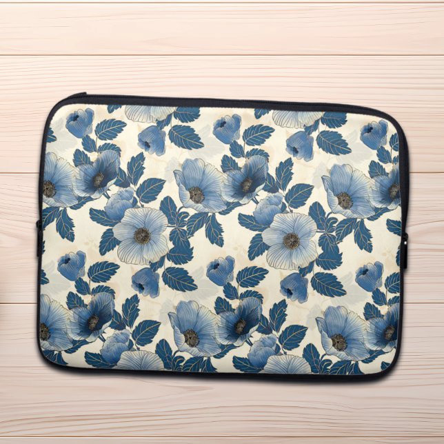 Blue Floral Gold Glitzer Japanisch Ukiyo-e Laptopschutzhülle (Von Creator hochgeladen)