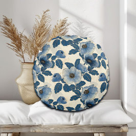 Blue Floral Gold Glitzer Japanisch Ukiyo-e Rundes Kissen
