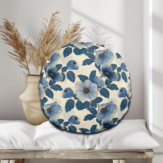Blue Floral Gold Glitzer Japanisch Ukiyo-e Rundes Kissen (Von Creator hochgeladen)