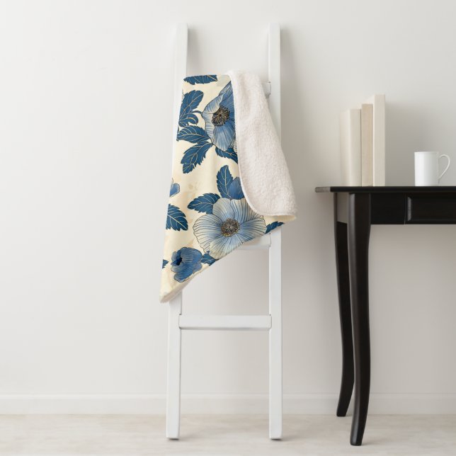 Blue Floral Gold Glitzer Japanisch Ukiyo-e Sherpadecke (Beispiel)