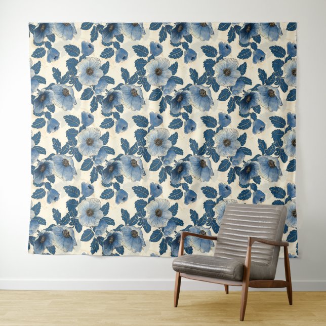 Blue Floral Gold Glitzer Japanisch Ukiyo-e Wandteppich (Beispiel (Horizontal))