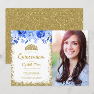 Blue Floral Gold Glitzer Tiara Quinceane Foto Einladung