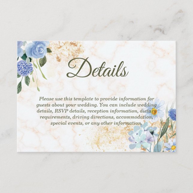 Blue Floral Gold Marmor Hochzeitskarte Begleitkarte (Vorderseite)
