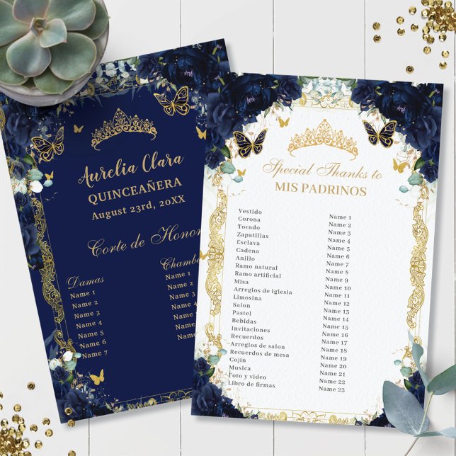 Blue Floral Gold Quinceañera Padrinos Corte (rich-dark-navy-blue-roses-floral-flowers-gold-butterflies-Quinceañera-mis-padrinos-budget-sheets)